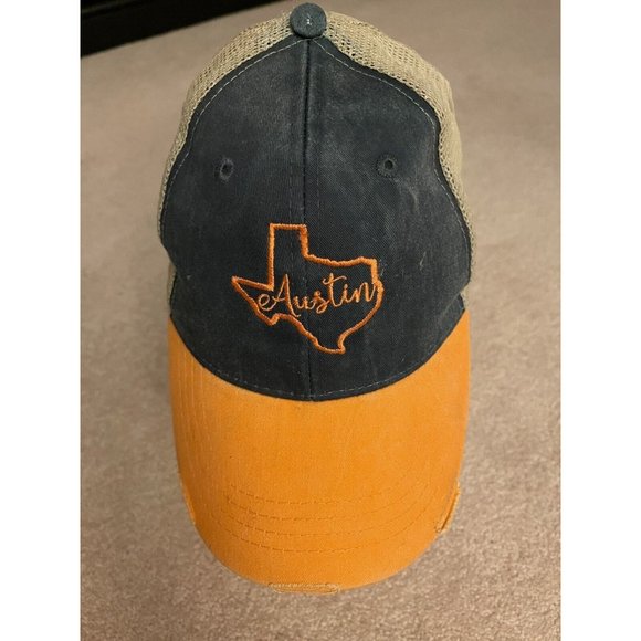 Austin Hat Cap Mesh - Blue - Tan - Orange - with built-in distress on brim OSFA - Picture 1 of 10